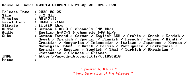 NFO for the release House.of.Cards.S04E10.GERMAN.DL.2160p.WEB.H265-FWB by FWB
