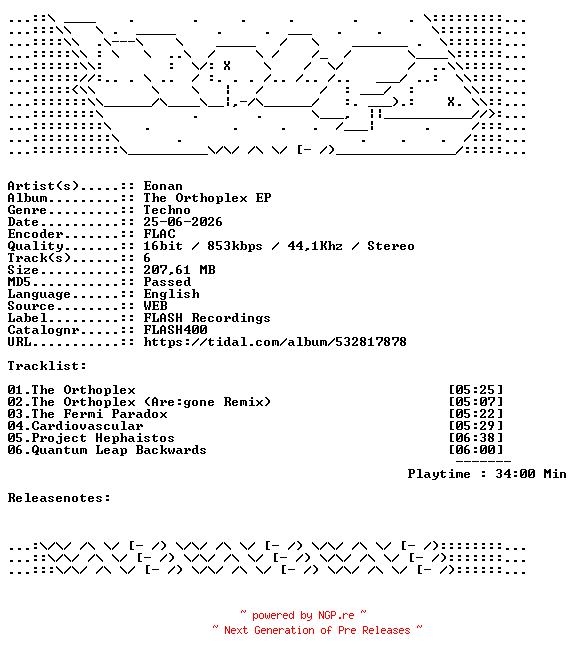 NFO for the release Eonan-The_Orthoplex_EP-FLASH400-16BIT-WEB-FLAC-2026-WAVED by WAVED
