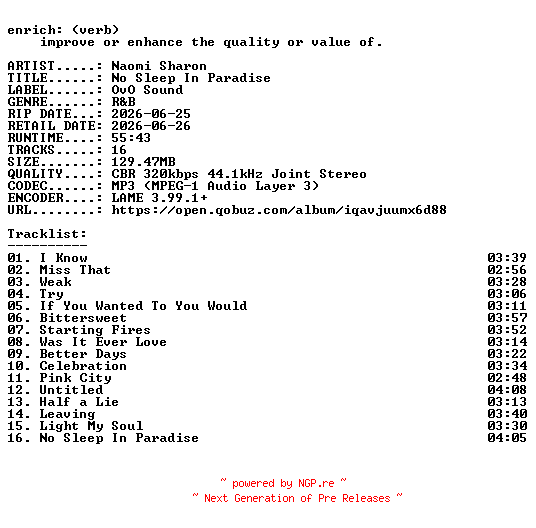 NFO for the release Naomi_Sharon-No_Sleep_In_Paradise-WEB-2026-ENRiCH by ENRiCH