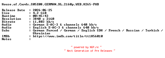 NFO for the release House.of.Cards.S05E08.GERMAN.DL.2160p.WEB.H265-FWB by FWB