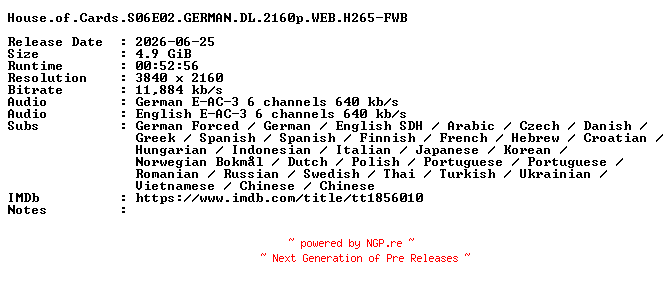 NFO for the release House.of.Cards.S06E02.GERMAN.DL.2160p.WEB.H265-FWB by FWB