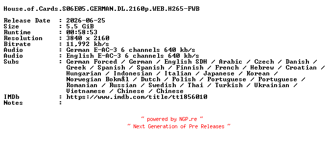 NFO for the release House.of.Cards.S06E05.GERMAN.DL.2160p.WEB.H265-FWB by FWB