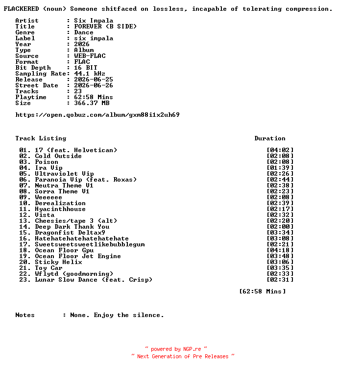 NFO for the release Six_Impala-FOREVER_(B_SIDE)-16BIT-WEB-FLAC-2026-FLACKERED by FLACKERED