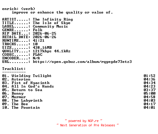 NFO for the release The_Infinity_Ring-The_Isle_of_Skye-24BIT-WEB-FLAC-2026-ENRiCH by ENRiCH