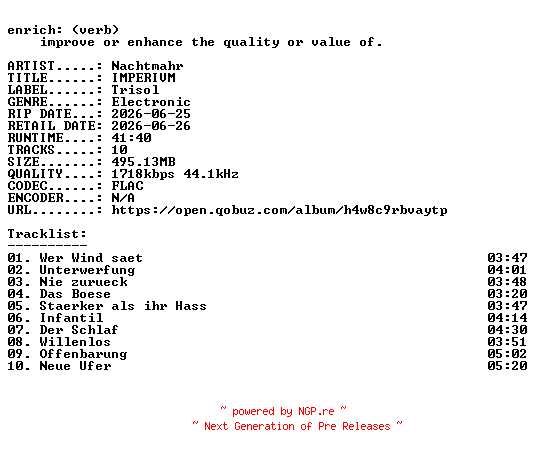 NFO for the release Nachtmahr-IMPERIVM-DE-24BIT-WEB-FLAC-2026-ENRiCH by ENRiCH