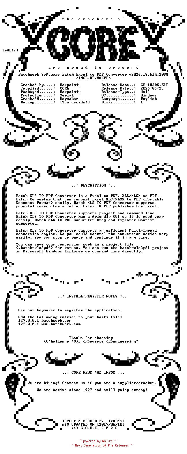 NFO for the release Batchwork.Software.Batch.Excel.to.PDF.Converter.v2026.18.614.2098.Incl.Keymaker-CORE by CORE
