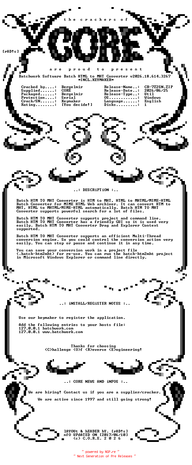 NFO for the release Batchwork.Software.Batch.HTML.to.MHT.Converter.v2026.18.614.3267.Incl.Keymaker-CORE by CORE