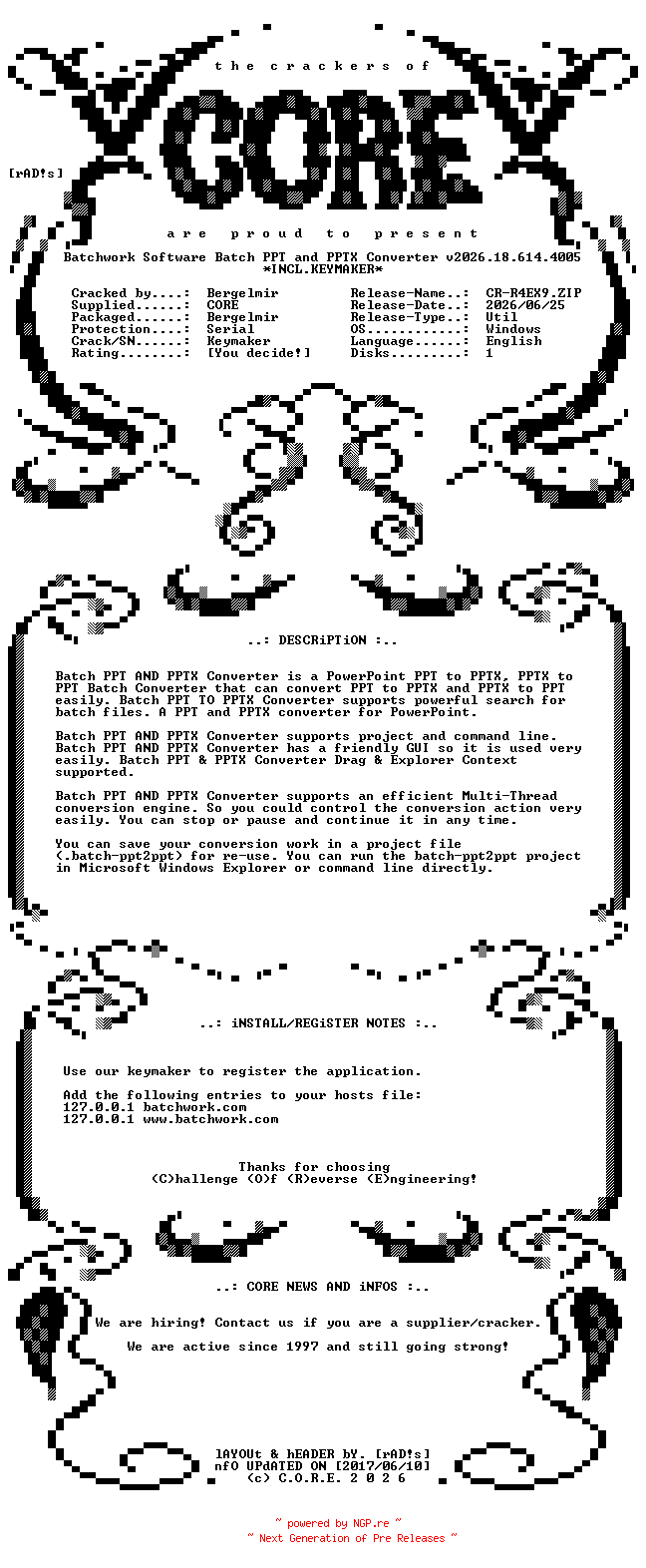 NFO for the release Batchwork.Software.Batch.PPT.and.PPTX.Converter.v2026.18.614.4005.Incl.Keymaker-CORE by CORE