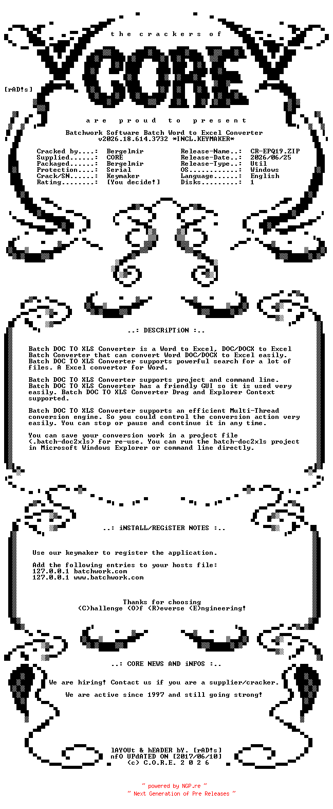 NFO for the release Batchwork.Software.Batch.Word.to.Excel.Converter.v2026.18.614.3732.Incl.Keymaker-CORE by CORE