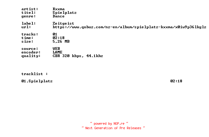 NFO for the release Kxxma_-_Spielplatz-SINGLE-WEB-DE-2026-BITCOINS by BITCOINS