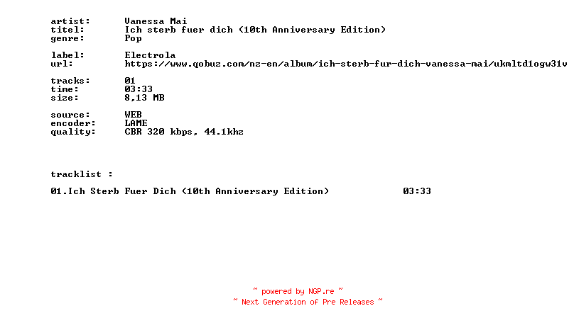 NFO for the release Vanessa_Mai_-_Ich_Sterb_Fuer_Dich_(10th_Anniversary_Edition)-SINGLE-WEB-DE-2026-BITCOINS by BITCOINS