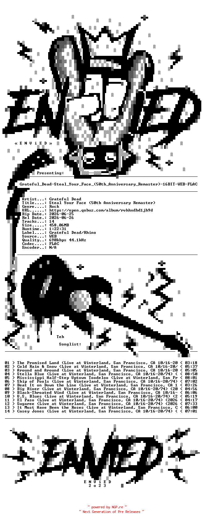 NFO for the release Grateful_Dead-Steal_Your_Face_(50th_Anniversary_Remaster)-16BIT-WEB-FLAC-2026-ENViED by ENViED