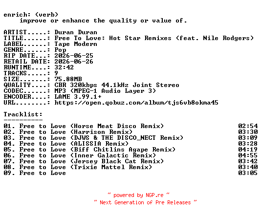 NFO for the release Duran_Duran-Free_To_Love_Hot_Star_Remixes_(feat._Nile_Rodgers)-WEB-2026-ENRiCH by ENRiCH