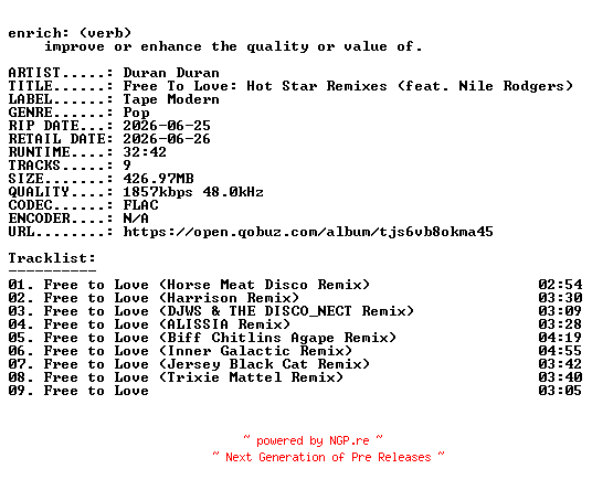 NFO for the release Duran_Duran-Free_To_Love_Hot_Star_Remixes_(feat._Nile_Rodgers)-24BIT-WEB-FLAC-2026-ENRiCH by ENRiCH