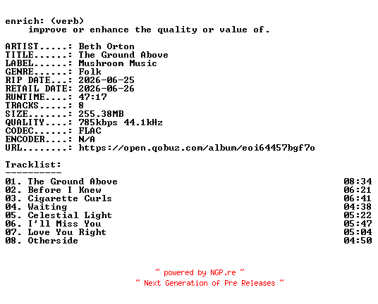 NFO for the release Beth_Orton-The_Ground_Above-16BIT-WEB-FLAC-2026-ENRiCH by ENRiCH