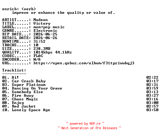 NFO for the release Madeon-Victory-16BIT-WEB-FLAC-2026-ENRiCH by ENRiCH