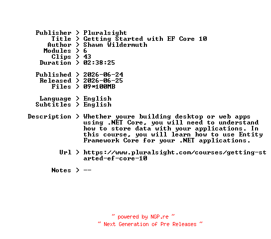 NFO for the release Pluralsight.Getting.Started.with.EF.Core.10.2026.BOOKWARE-GETH by GETH