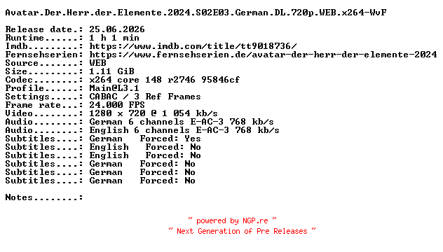 NFO for the release Avatar.Der.Herr.der.Elemente.2024.S02E03.German.DL.720p.WEB.x264-WvF by WvF