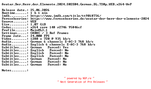 NFO for the release Avatar.Der.Herr.der.Elemente.2024.S02E04.German.DL.720p.WEB.x264-WvF by WvF