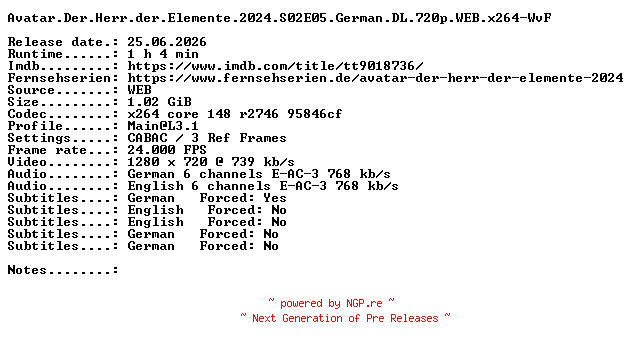 NFO for the release Avatar.Der.Herr.der.Elemente.2024.S02E05.German.DL.720p.WEB.x264-WvF by WvF