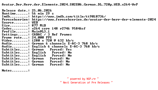 NFO for the release Avatar.Der.Herr.der.Elemente.2024.S02E06.German.DL.720p.WEB.x264-WvF by WvF
