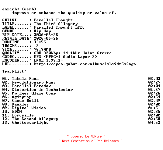 NFO for the release Parallel_Thought-The_Third_Allegory-WEB-2026-ENRiCH by ENRiCH