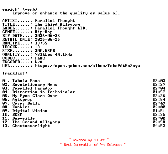 NFO for the release Parallel_Thought-The_Third_Allegory-16BIT-WEB-FLAC-2026-ENRiCH by ENRiCH