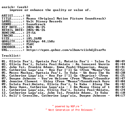 NFO for the release VA-Moana_(Original_Motion_Picture_Soundtrack)-OST-16BIT-WEB-FLAC-2026-ENRiCH by ENRiCH