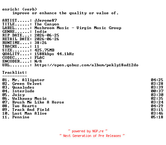 NFO for the release JJerome87-The_Canyon-24BIT-WEB-FLAC-2026-ENRiCH by ENRiCH