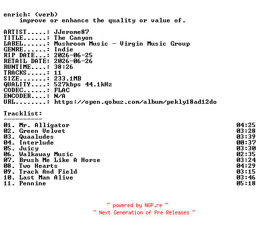 NFO for the release JJerome87-The_Canyon-16BIT-WEB-FLAC-2026-ENRiCH by ENRiCH