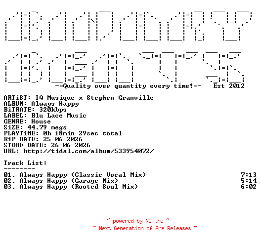 NFO for the release IQ_Musique_x_Stephen_Granville-Always_Happy-(BLM304)-WEB-2026-BB by BB