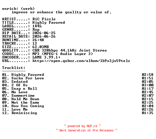 NFO for the release BiC_Fizzle-Highly_Favored-WEB-2026-ENRiCH by ENRiCH