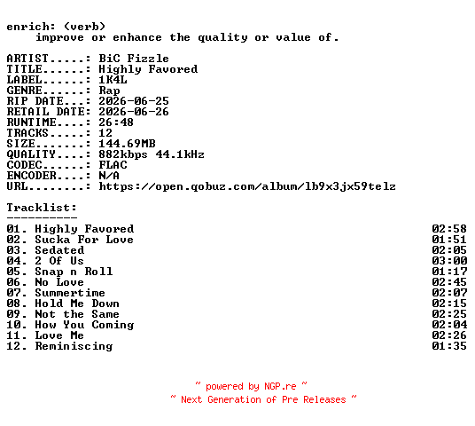 NFO for the release BiC_Fizzle-Highly_Favored-16BIT-WEB-FLAC-2026-ENRiCH by ENRiCH