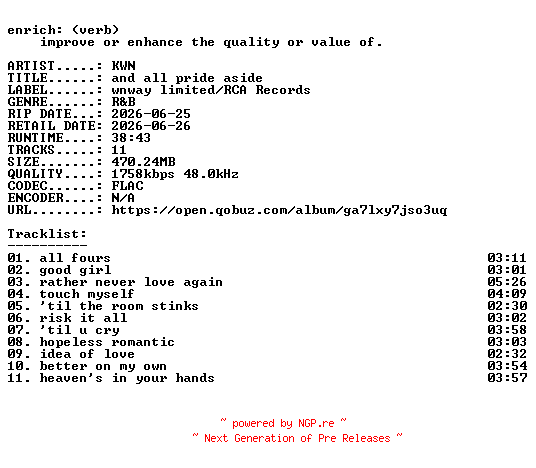 NFO for the release KWN-and_all_pride_aside-24BIT-WEB-FLAC-2026-ENRiCH by ENRiCH