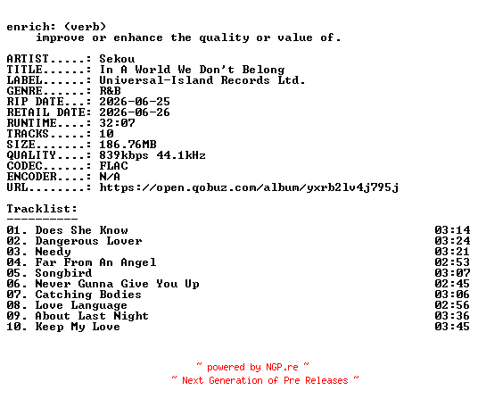 NFO for the release Sekou-In_A_World_We_Dont_Belong-16BIT-WEB-FLAC-2026-ENRiCH by ENRiCH