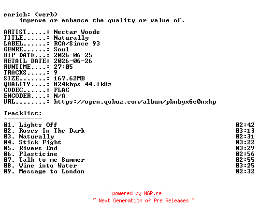 NFO for the release Nectar_Woode-Naturally-16BIT-WEB-FLAC-2026-ENRiCH by ENRiCH