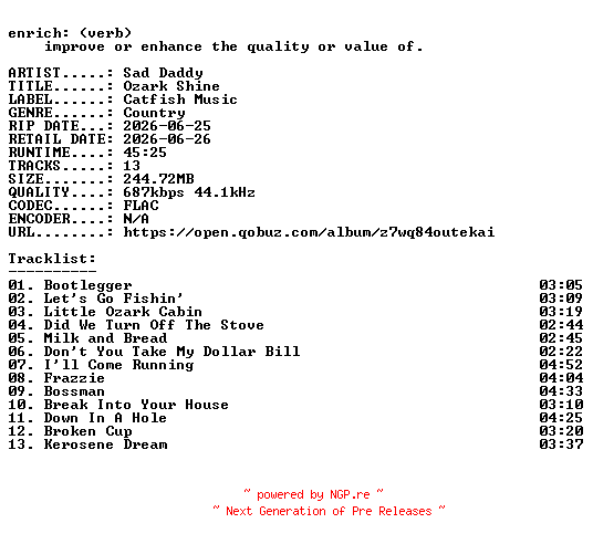 NFO for the release Sad_Daddy-Ozark_Shine-16BIT-WEB-FLAC-2026-ENRiCH by ENRiCH