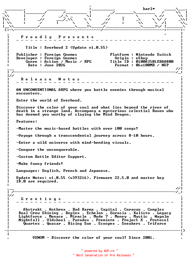 NFO for the release Everhood_2_Update_v1.0.55_NSW-VENOM by VENOM