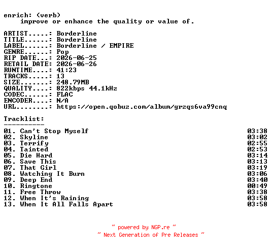 NFO for the release Borderline-Borderline-16BIT-WEB-FLAC-2026-ENRiCH by ENRiCH