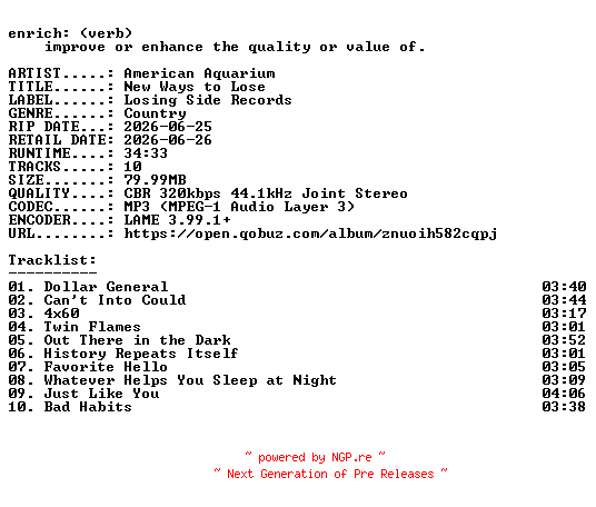 NFO for the release American_Aquarium-New_Ways_to_Lose-WEB-2026-ENRiCH by ENRiCH