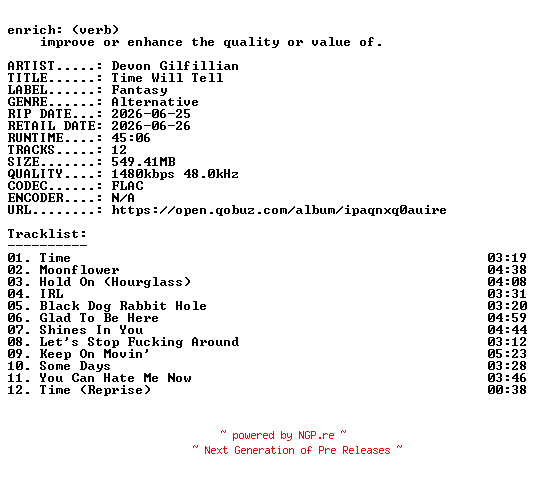 NFO for the release Devon_Gilfillian-Time_Will_Tell-24BIT-WEB-FLAC-2026-ENRiCH by ENRiCH