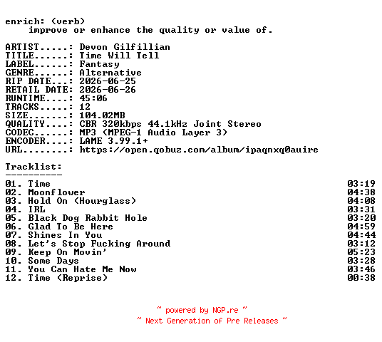 NFO for the release Devon_Gilfillian-Time_Will_Tell-WEB-2026-ENRiCH by ENRiCH