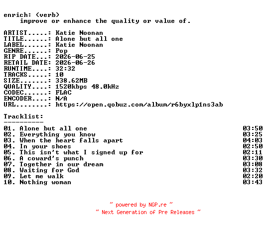 NFO for the release Katie_Noonan-Alone_but_all_one-24BIT-WEB-FLAC-2026-ENRiCH by ENRiCH