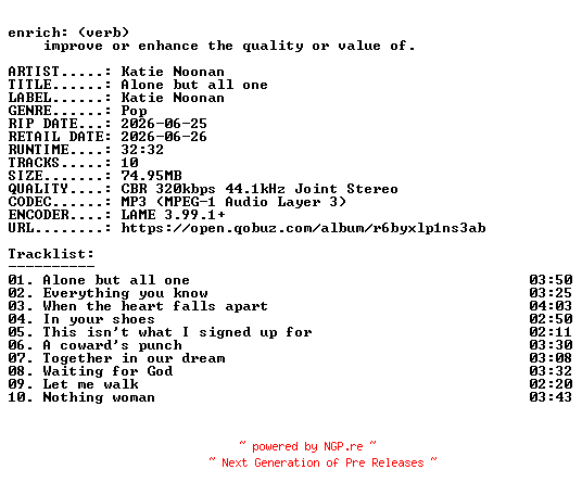 NFO for the release Katie_Noonan-Alone_but_all_one-WEB-2026-ENRiCH by ENRiCH