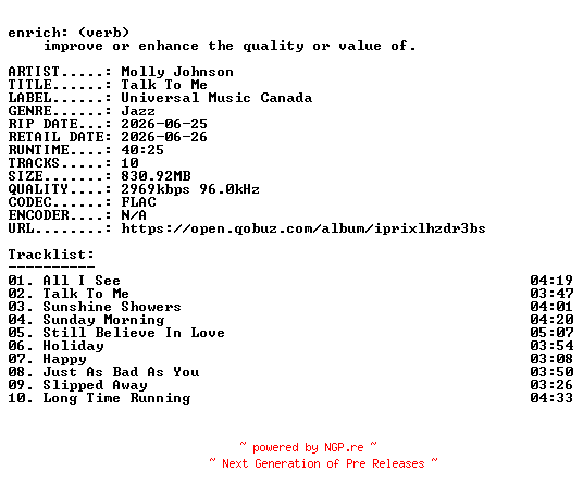 NFO for the release Molly_Johnson-Talk_To_Me-24BIT-WEB-FLAC-2026-ENRiCH by ENRiCH
