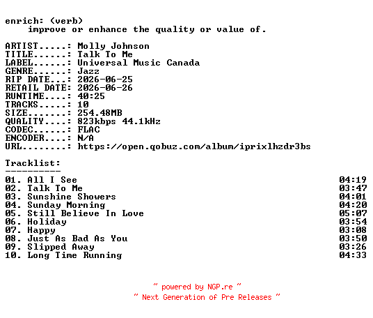 NFO for the release Molly_Johnson-Talk_To_Me-16BIT-WEB-FLAC-2026-ENRiCH by ENRiCH