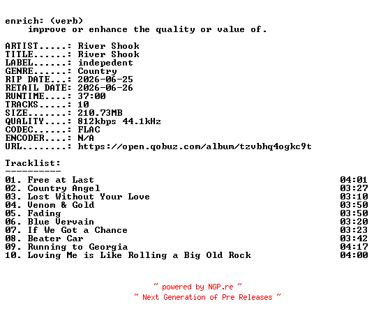 NFO for the release River_Shook-River_Shook-16BIT-WEB-FLAC-2026-ENRiCH by ENRiCH