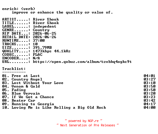 NFO for the release River_Shook-River_Shook-24BIT-WEB-FLAC-2026-ENRiCH by ENRiCH