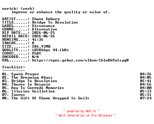 NFO for the release Shane_Embury-Bridge_To_Resolution-16BIT-WEB-FLAC-2026-ENRiCH by ENRiCH