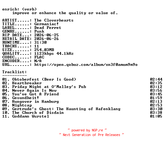 NFO for the release The_Cloverhearts-Germaniac-16BIT-WEB-FLAC-2026-ENRiCH by ENRiCH